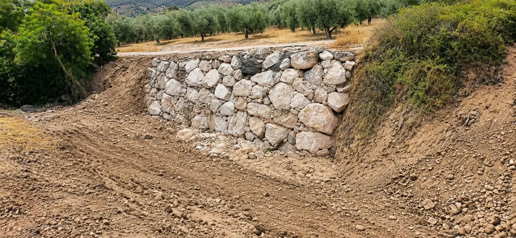Muro de escollera de piedra en cauce terminado